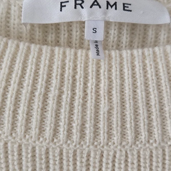 Frame Ruffle Yoke Ribbed Wool Blend Off White Oversized Knit Sweater Size Small - Picture 6 of 8